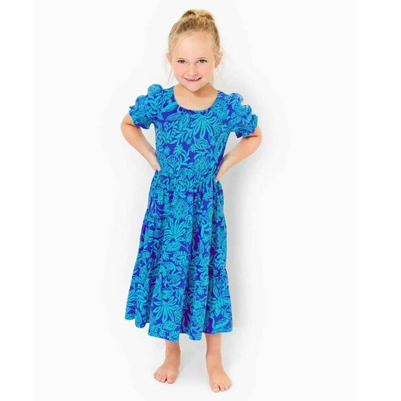 Lilly Pulitzer Girls Dean Midi Dress Martinique Blue Jungle S 4-5 Yrs New 278509